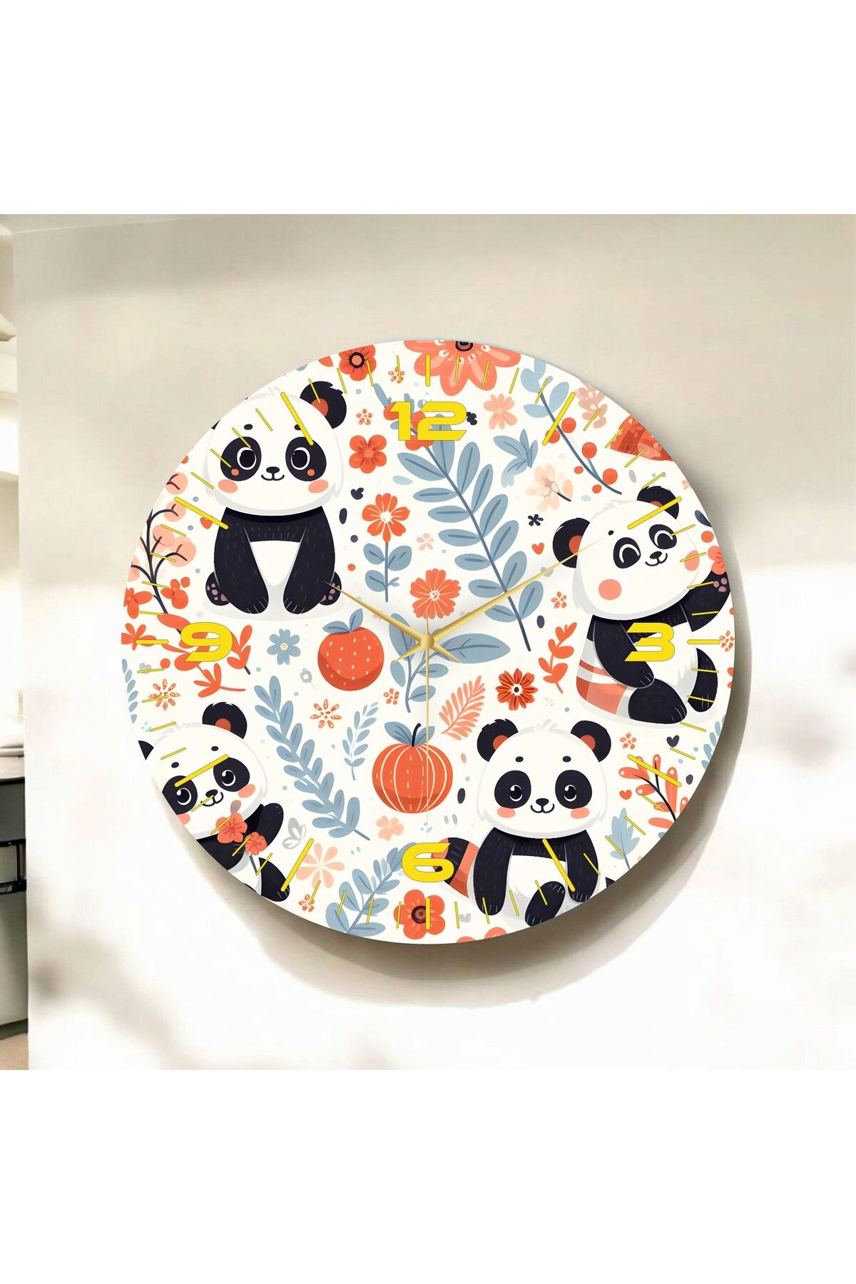 AA Shop Renkli Baskı Panda Desenli Sayılı Hediyelik Ahşap Sessiz Duvar Saati 50cm