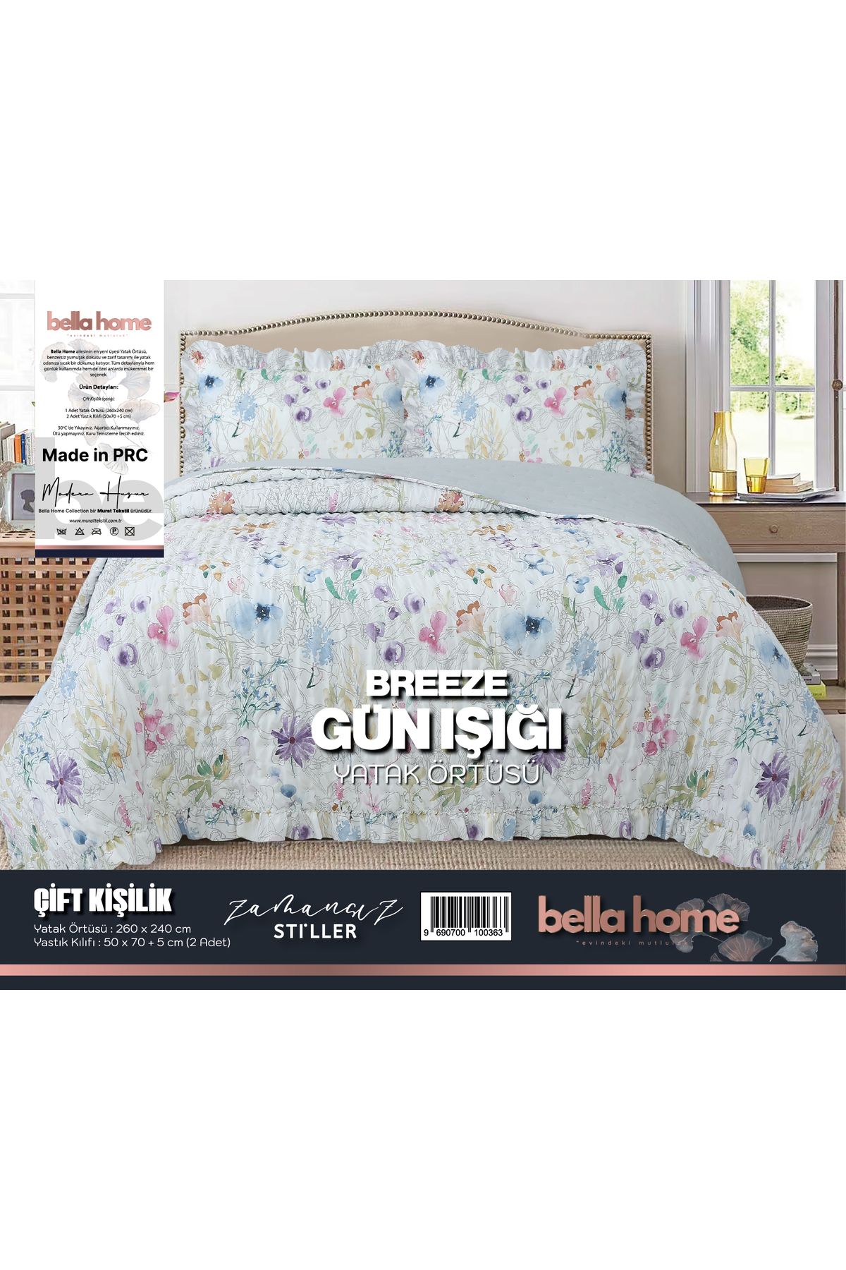 Bella Home Breeze Fırfırlı Çift Kişilik Yatak Örtüsü Seti - 260x240 cm