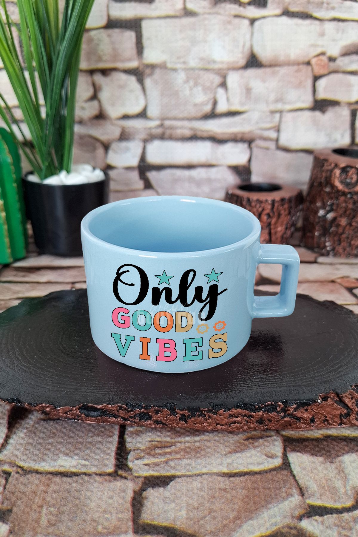 qoeuyl boutique Only good vibes Sadece İyi Enerji Kare Kulplu Fincan Mavi Kupa Bardak