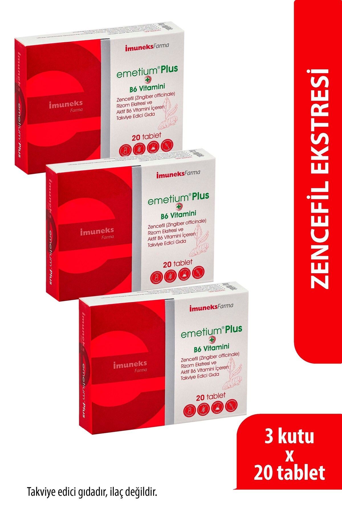 Imuneks Farma İmEmetium® Plus Zencefil Rizom Ekstresi ve Aktif B6 Vitamini İçeren Takviye Edici Gıda x 3 Adet