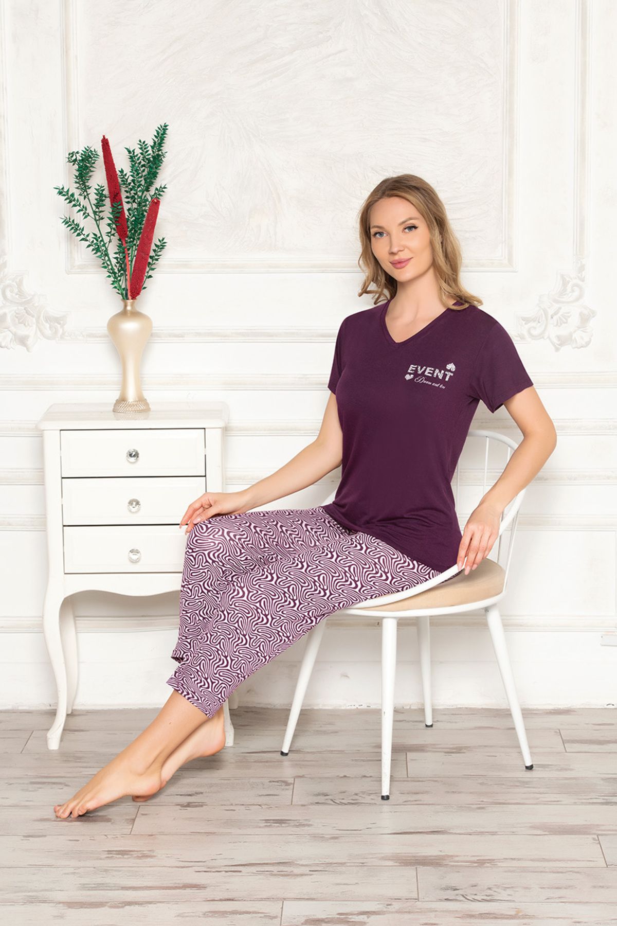 SASİ Kadın Mor Desenli Yumuşak Dokuma Kaprili Pijama Takımı