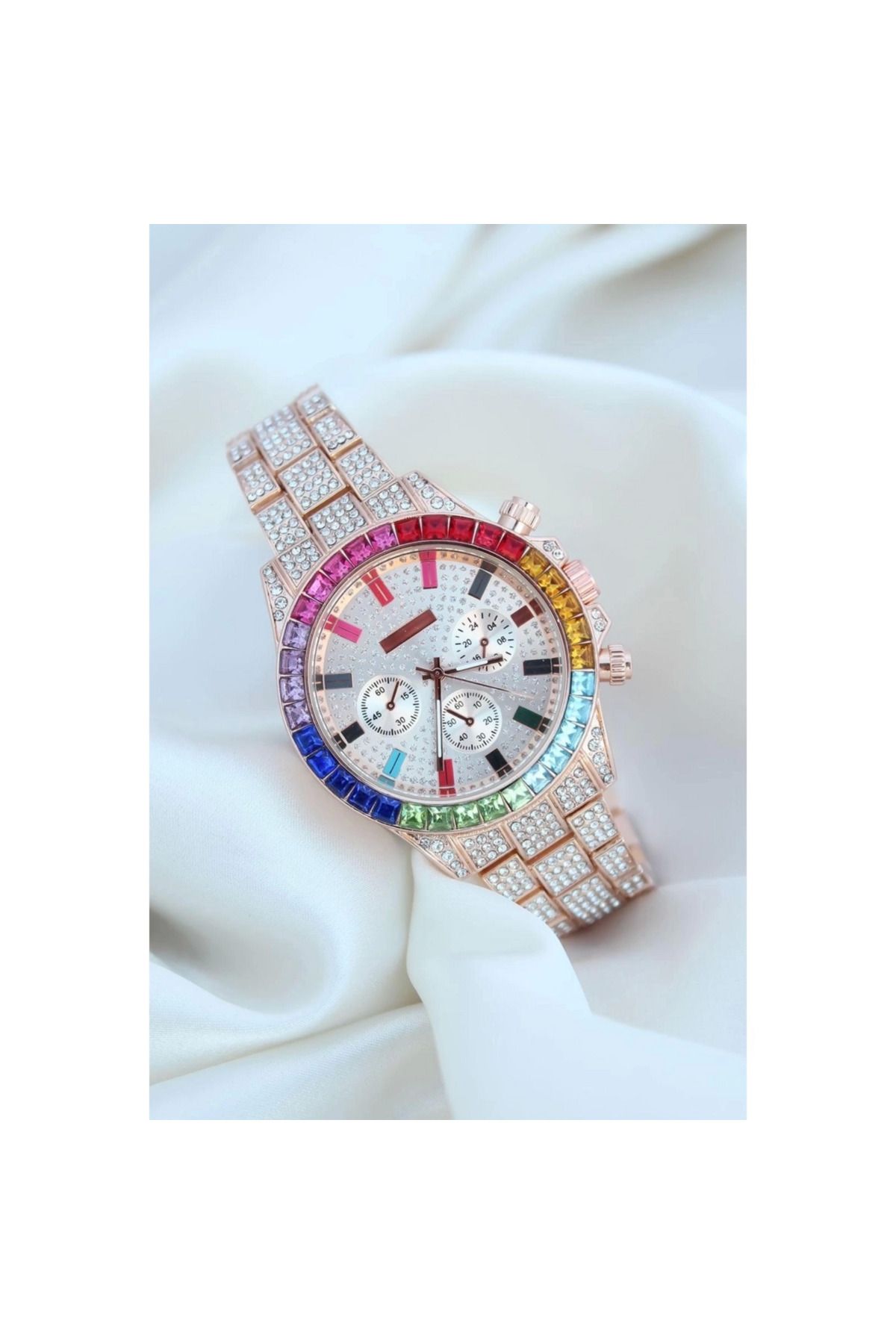 Vemora Clariss Trend Rose Metal Kordonlu Zirkon Taş Kaplama Renkli Taşlı Kasa Tasarımlı Lüx Kadın Kol Saati