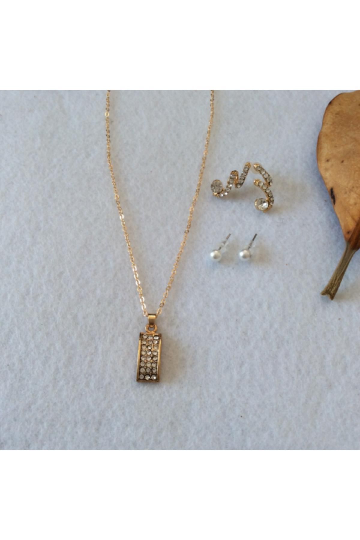 HEDİYEM EVİME Parlak Taşlı Kolye Küpe Set Altın Renk