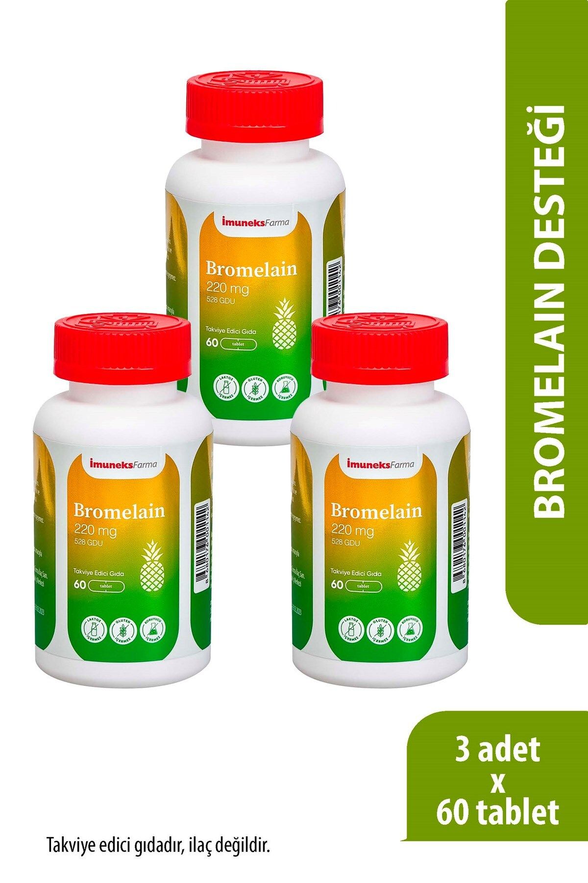 Imuneks Farma Bromelain 220 mg Takviye Edici Gıda 60 Tablet x 3 Adet