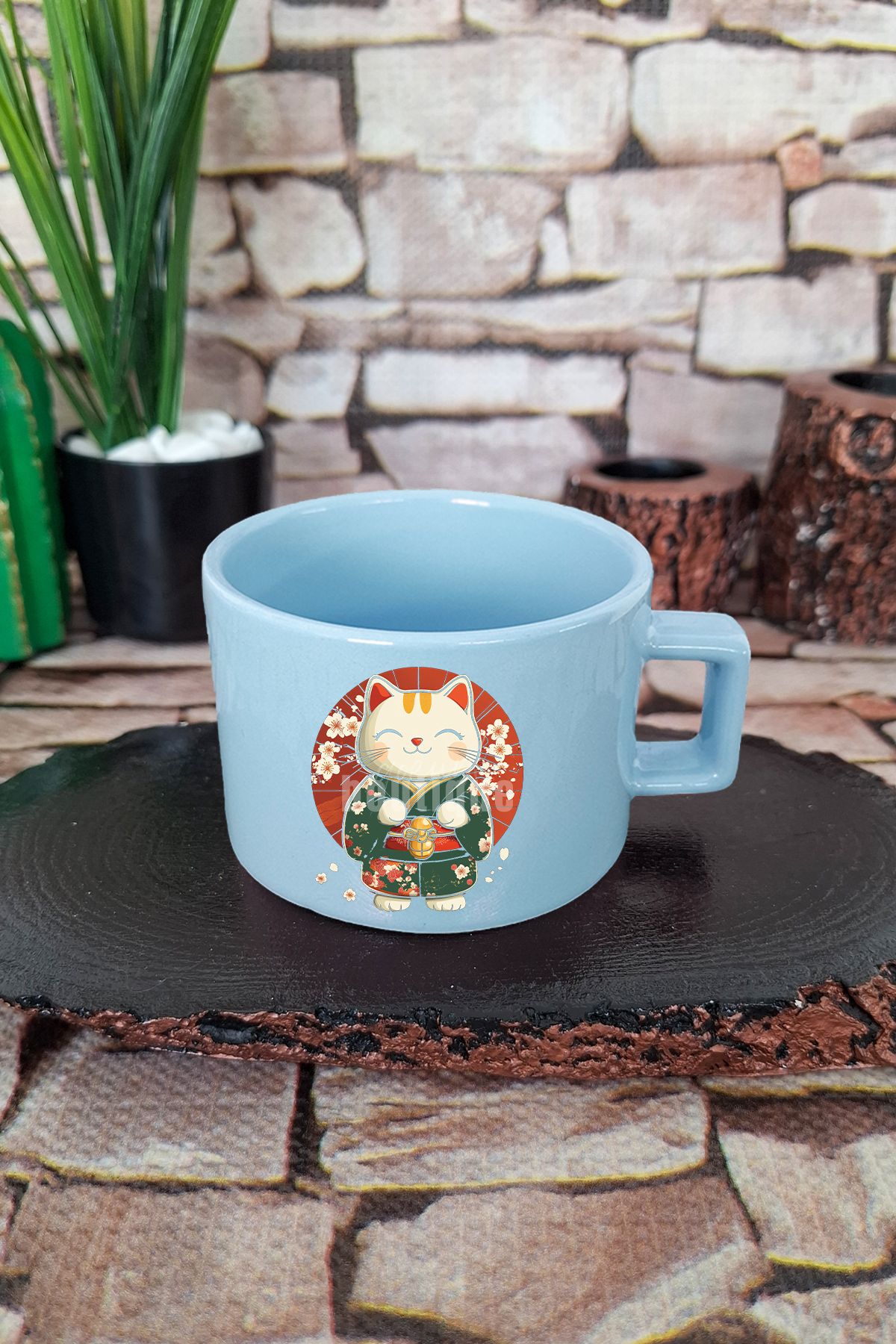 qoeuyl boutique Sevimli Japon Kedi Baskılı Kawaii Anime Manga Figürü Kare Kulplu Fincan Mavi Kupa Bardak