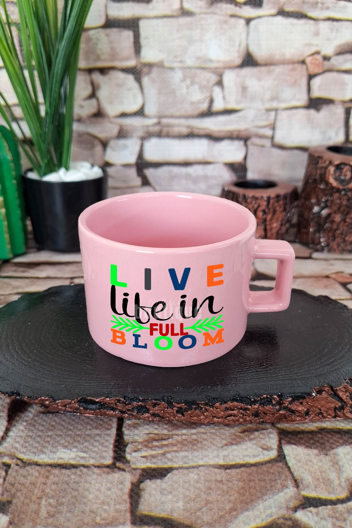qoeuyl boutique Live life in full bloom Pozitif Motivasyon Kare Kulplu Fincan Pembe Kupa Bardak