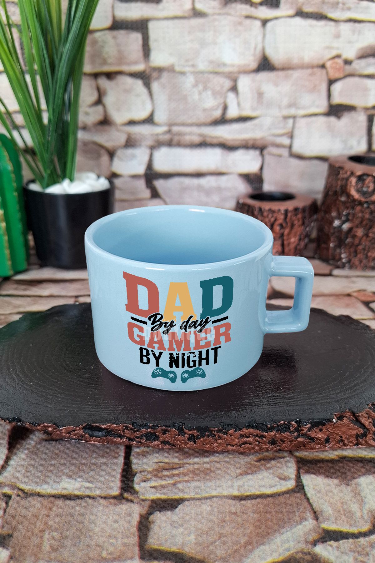 qoeuyl boutique Dad by day gamer by night Gamer Mottosu Kare Kulplu Fincan Mavi Kupa Bardak