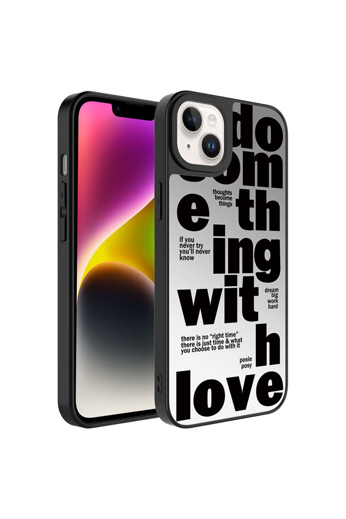 System Com iPhone 14 Uyumlu Aynalı Desenli Kamera Korumalı Parlak SYS Mirror Kılıf-Love