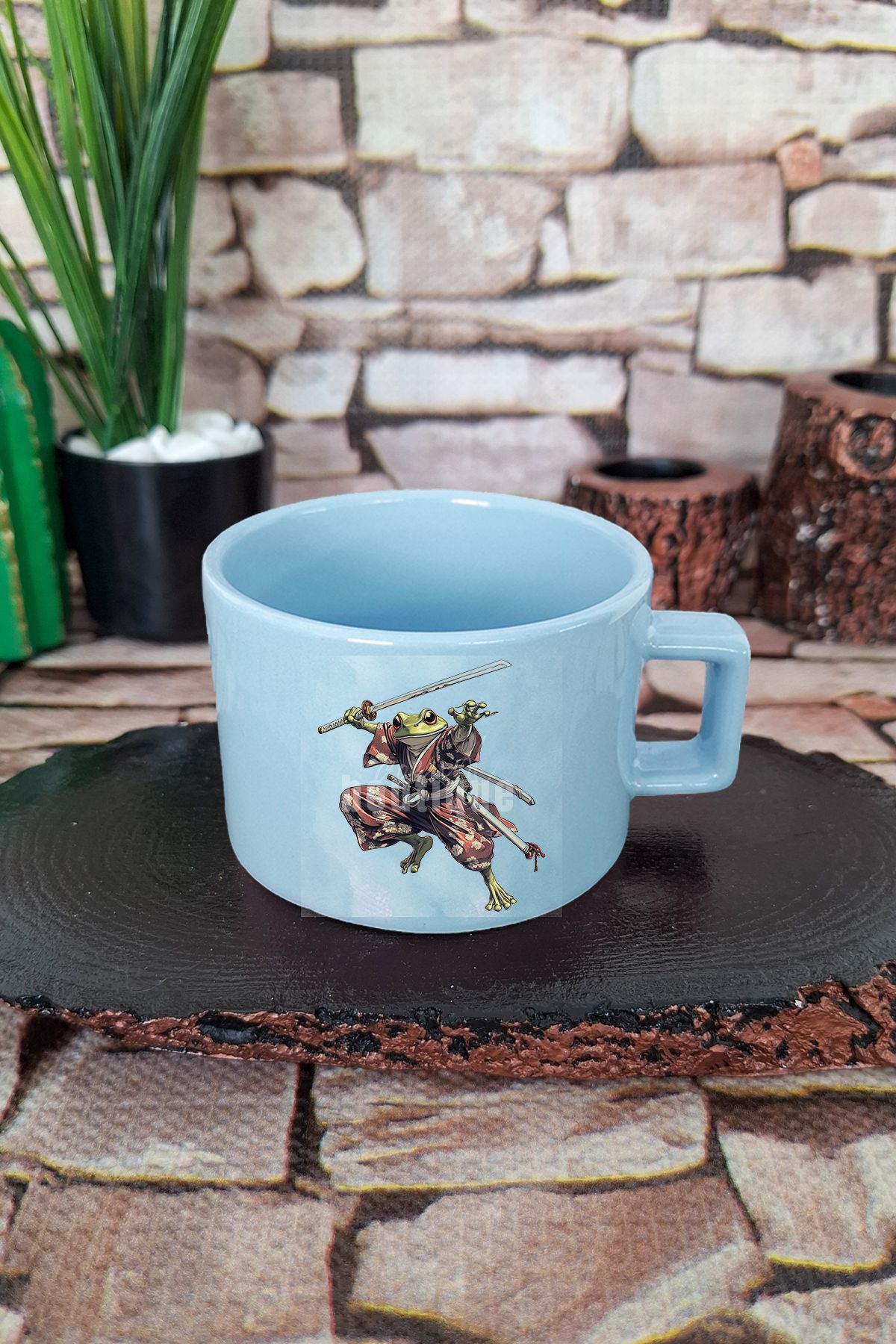 qoeuyl boutique Samuray Kurbağa Baskılı Japon Sanatı Anime Manga İlhamı Kare Kulplu Fincan Mavi Kupa Bardak