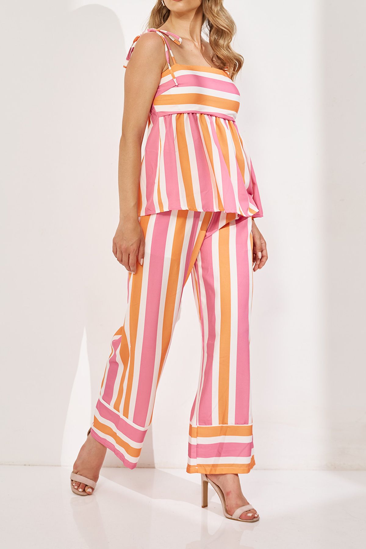 FASHION COCKTAIL Lolipop Pastel Çizgili Beli Bol Salaş Askılı Rengarenk Yazlık Tatil Pantolon Bluz Takım