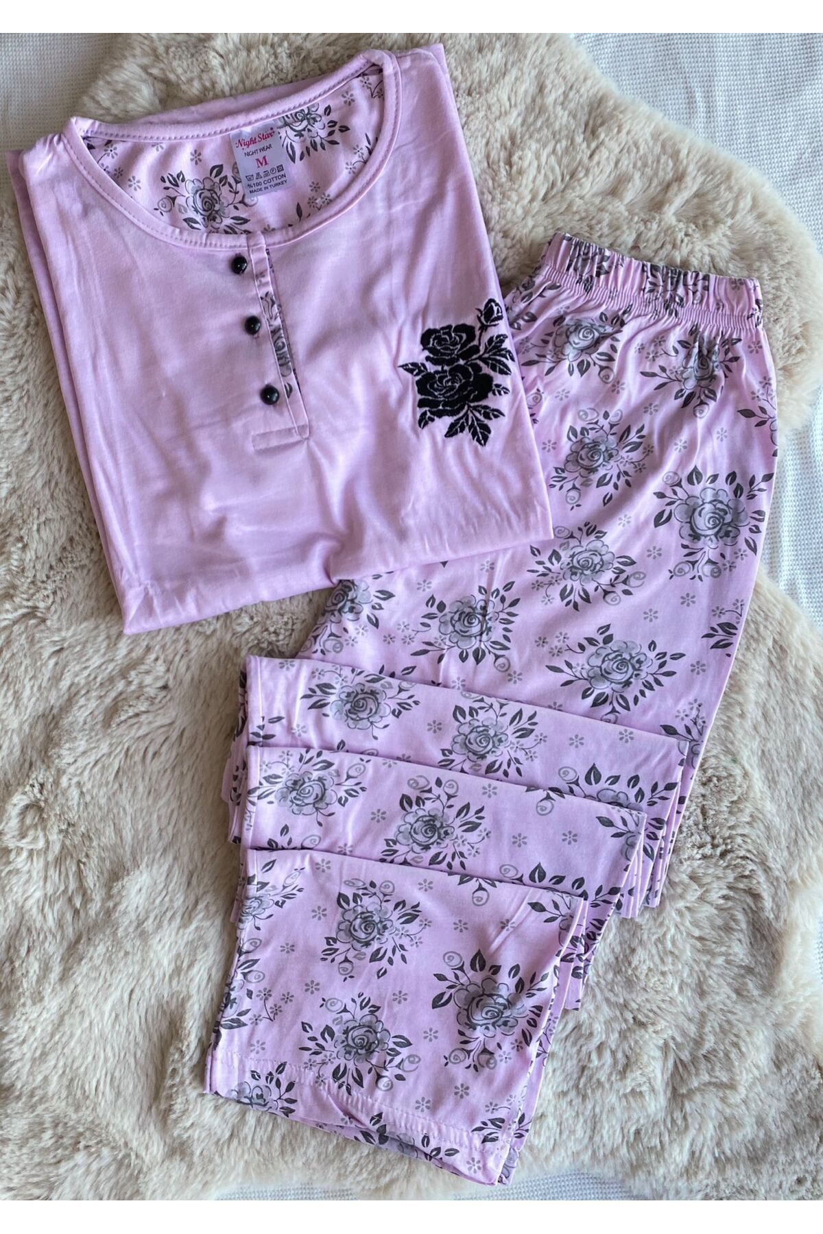 şıklık durağı pembe çiçek desenli pamuk penye kadın pijama takımı