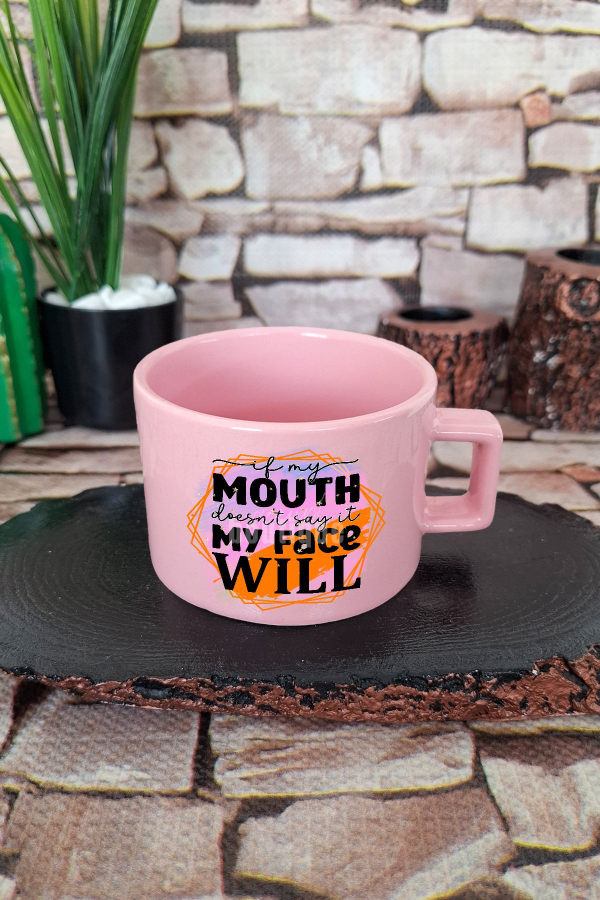 qoeuyl boutique If my mouth doesnt say it, my face will Komik Kare Kulplu Fincan Pembe Kupa Bardak