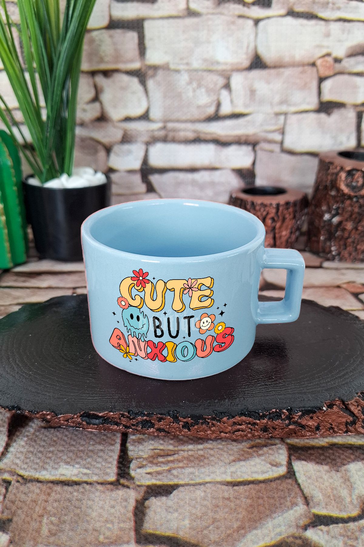 qoeuyl boutique Cute but really anxious Şirin Endişeli Komik Kare Kulplu Fincan Mavi Kupa Bardak