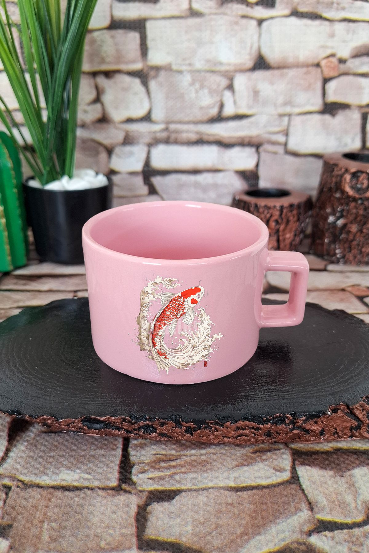qoeuyl boutique Koi Balığı İlüstrasyon 1 Baskılı Japon Sanatı Anime Zen Kare Kulplu Fincan Pembe Kupa Bardak