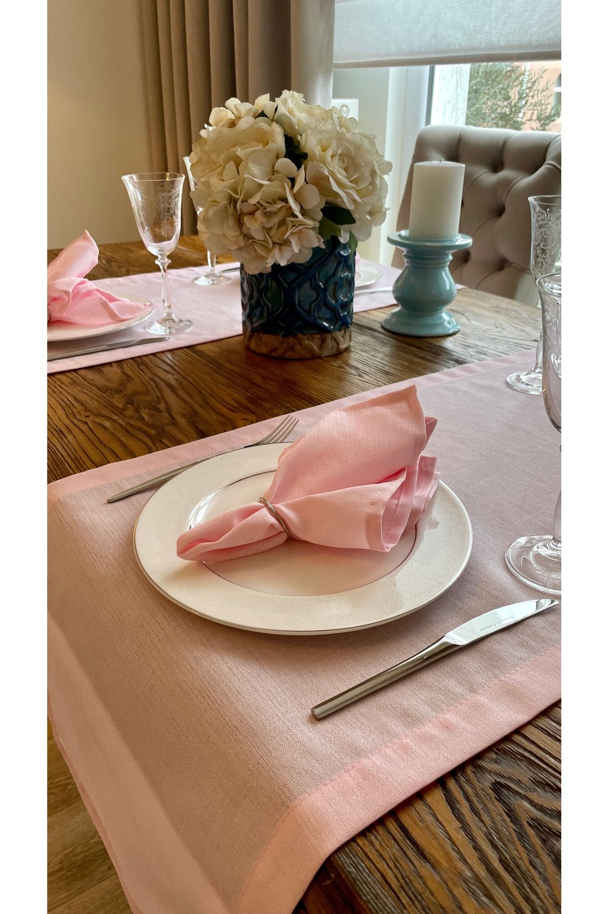 Decamor home Keten Dokulu Şeker Pembe Peçete Kumaş Peçete 6 Ad