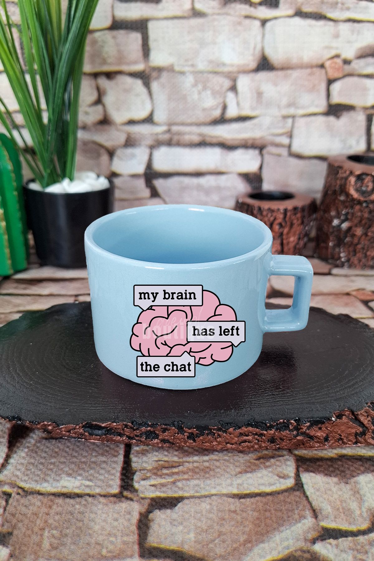 qoeuyl boutique My brain has left the chat Komik Beyin Kare Kulplu Fincan Mavi Kupa Bardak