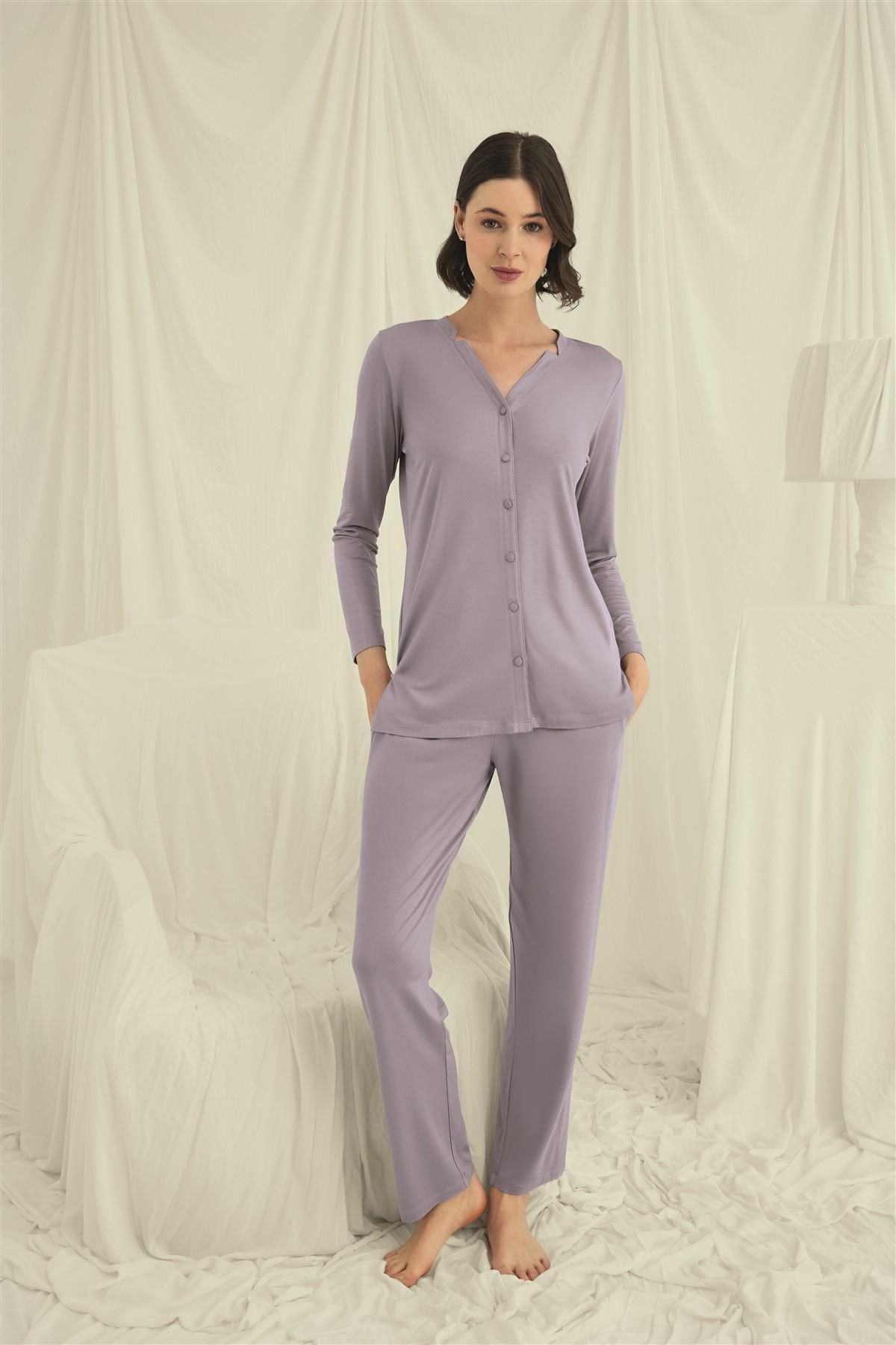 MONAMİSE Monamise Kadın Uzun Kollu Boydan Düğmeli V Yaka Pijama Takımı 18674