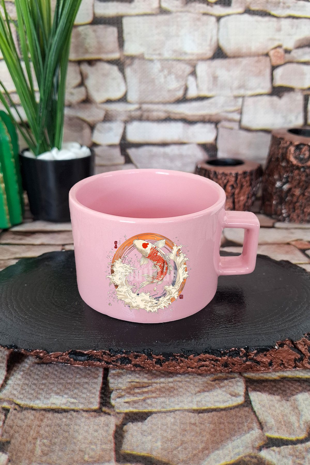qoeuyl boutique Koi Balığı İlüstrasyon 2 Baskılı Japon Koi Sanatı Anime Kare Kulplu Fincan Pembe Kupa Bardak