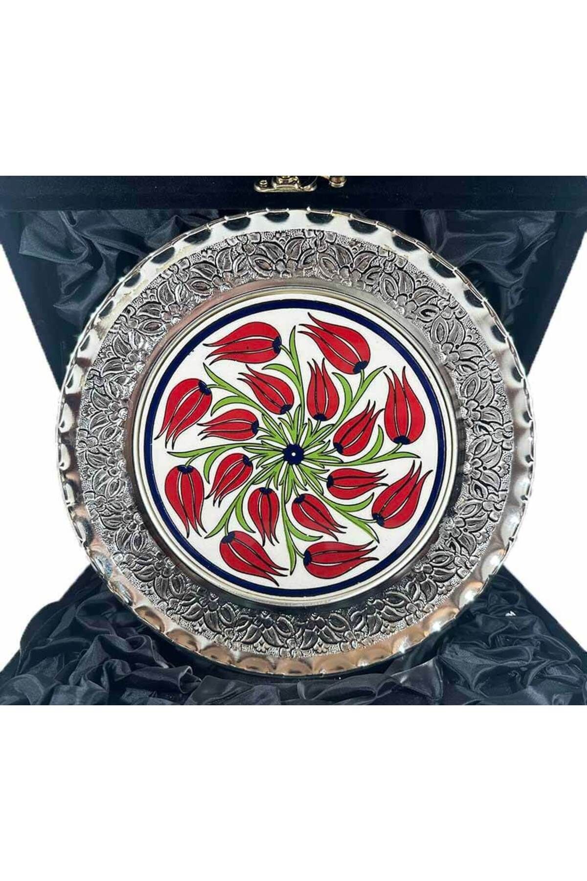 Çini Evi Kırmızı Laleler Gümüş Tabak 25cm