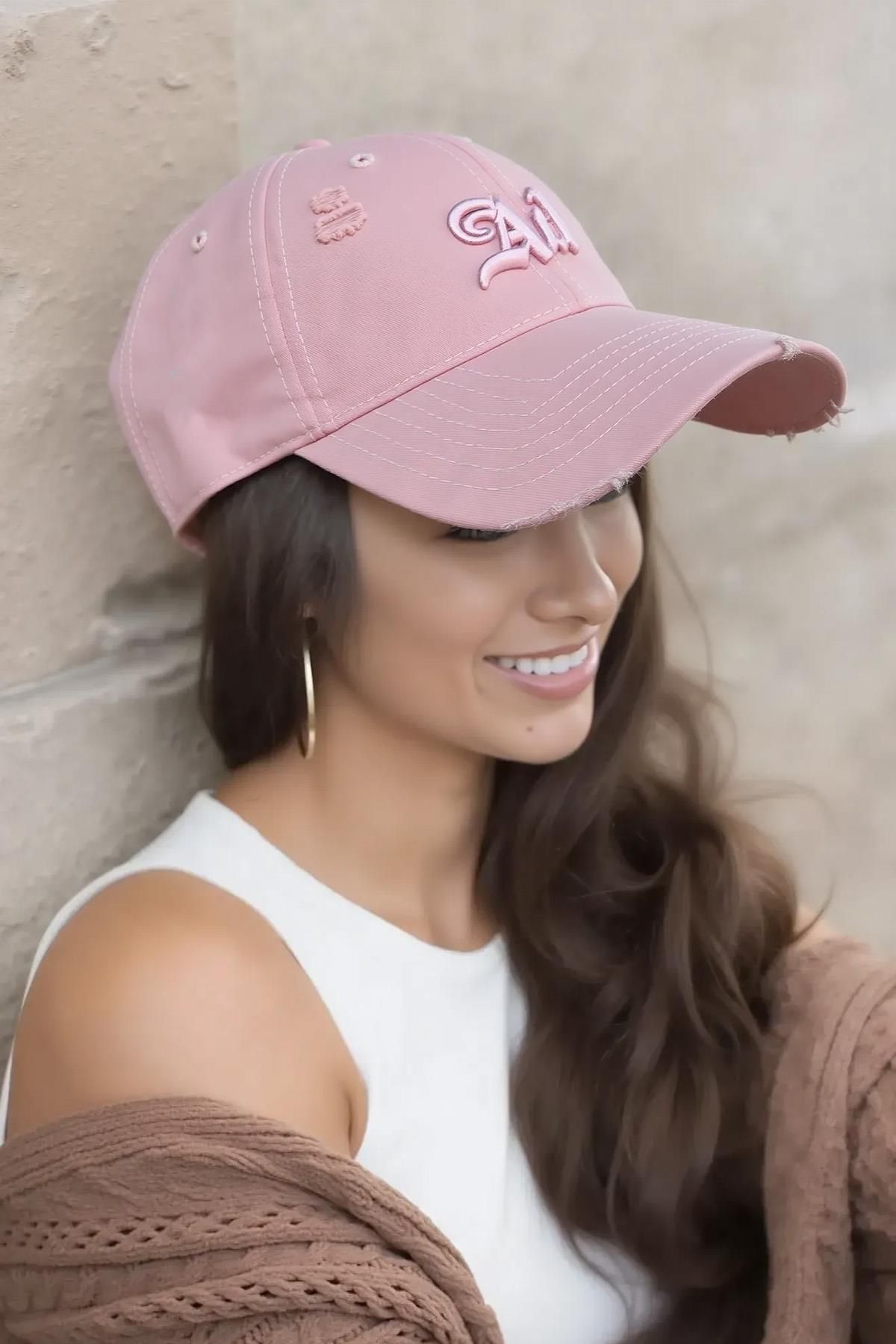 Külah Premium Nakışlı Pamuk Pembe Şapka | Trucker Kep