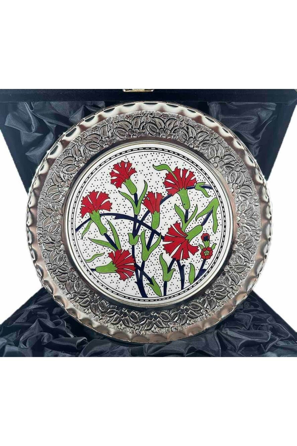 Çini Evi Öğretmene Hediye Karanfil Motifli Gümüş Tabak 25cm