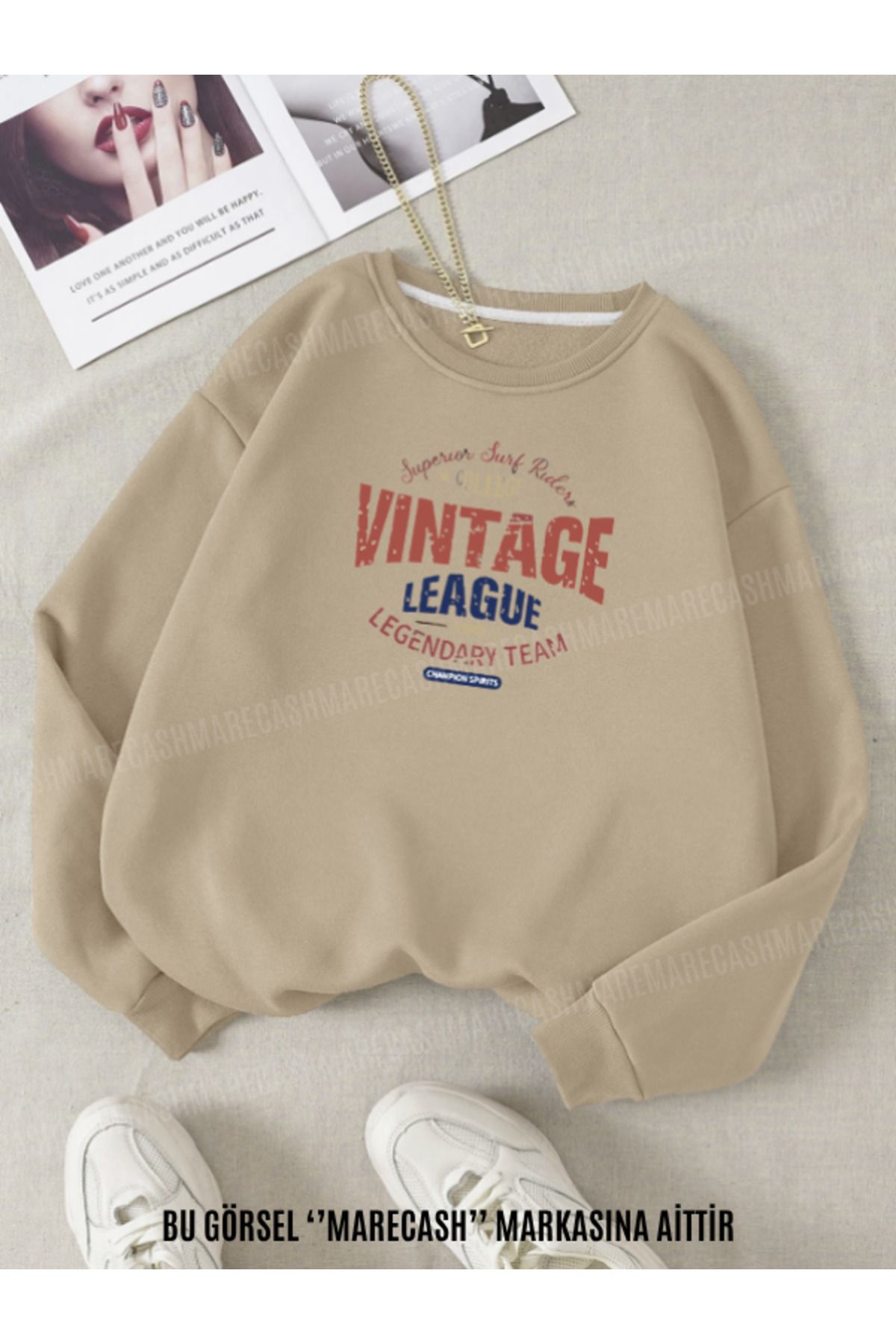MARECASH Vintage League Baskılı Unisex Bisiklet Yaka Sweatshirt Kışlık 3 İplik