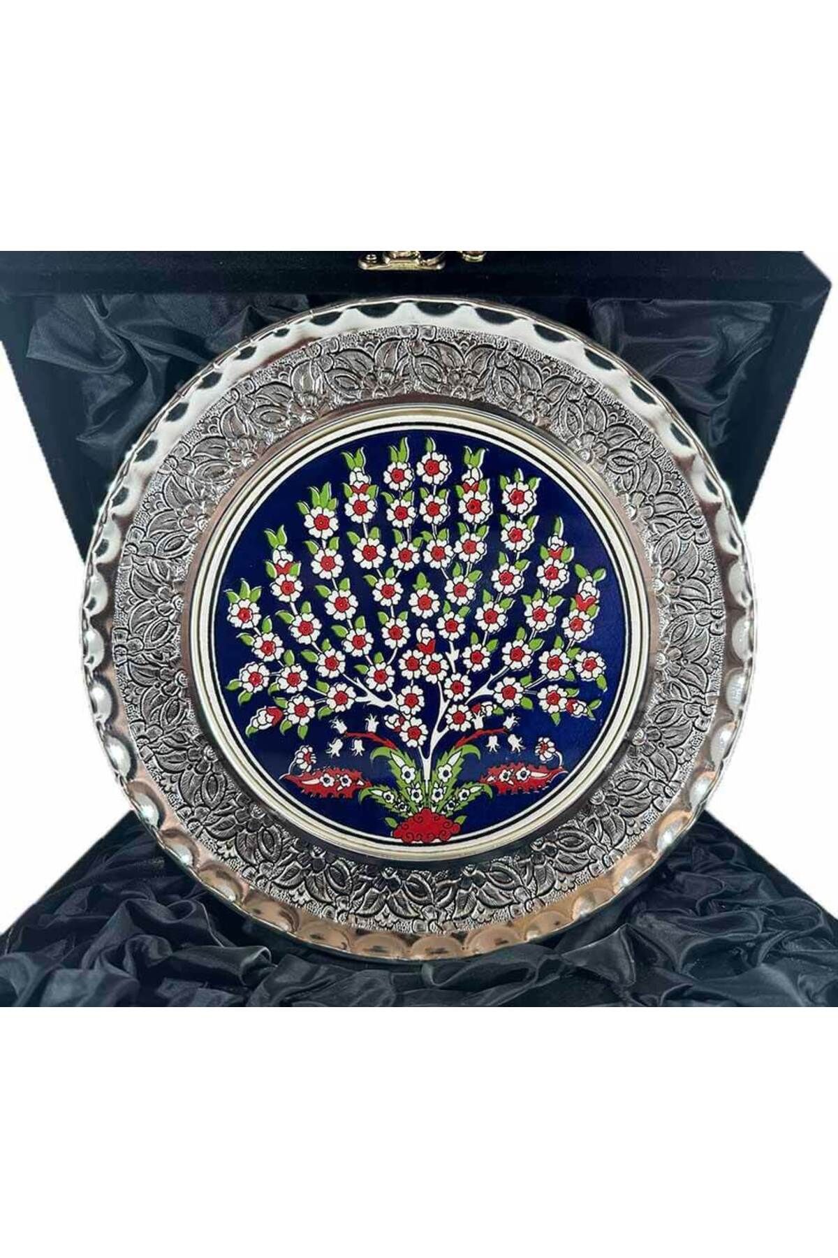 Çini Evi Mavi Zemin Hayat Ağacı Gümüş Tabak 25cm