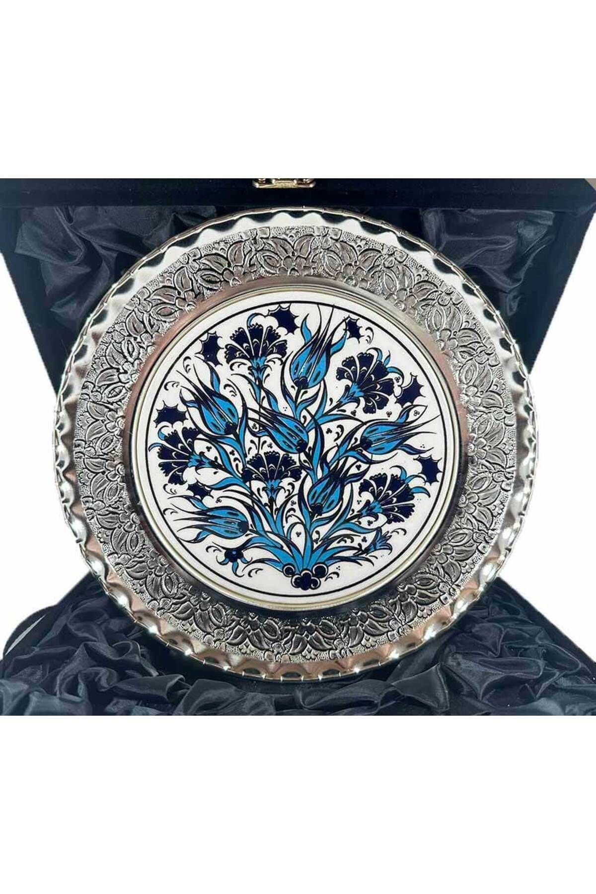Çini Evi Mavi Lale ve Karanfil Gümüş Tabak 25cm