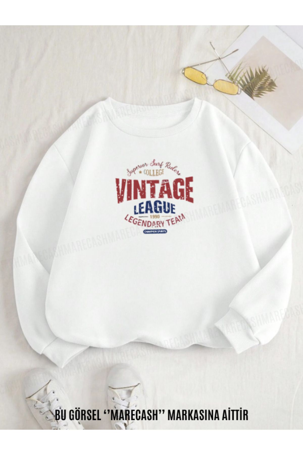 MARECASH Vintage League Baskılı Unisex Bisiklet Yaka Sweatshirt Kışlık 3 İplik