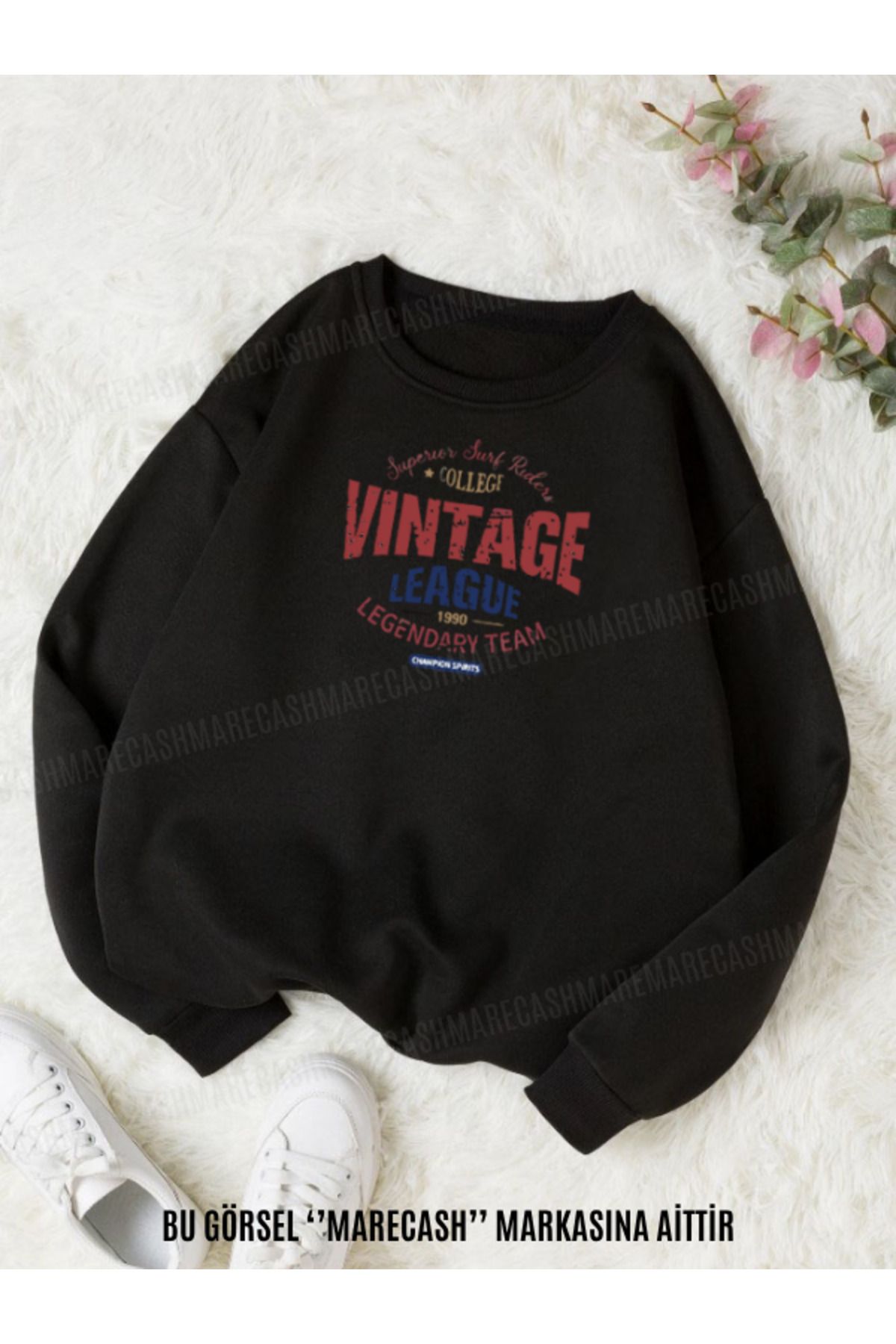 MARECASH Vintage League Baskılı Unisex Bisiklet Yaka Sweatshirt Kışlık 3 İplik