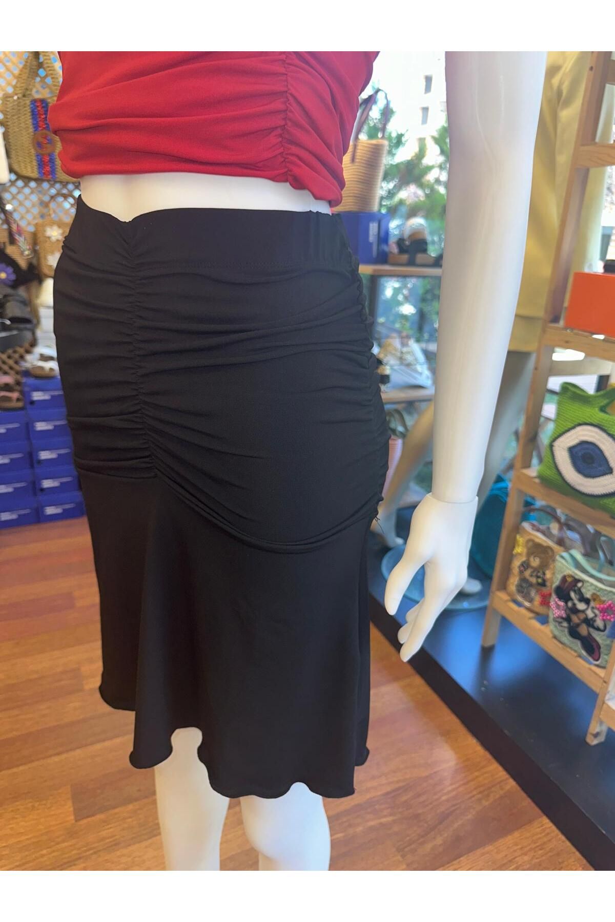 DOLCE QUEEN Kadın Siyah Drape ve Ön Büzgülü Detaylı Etek
