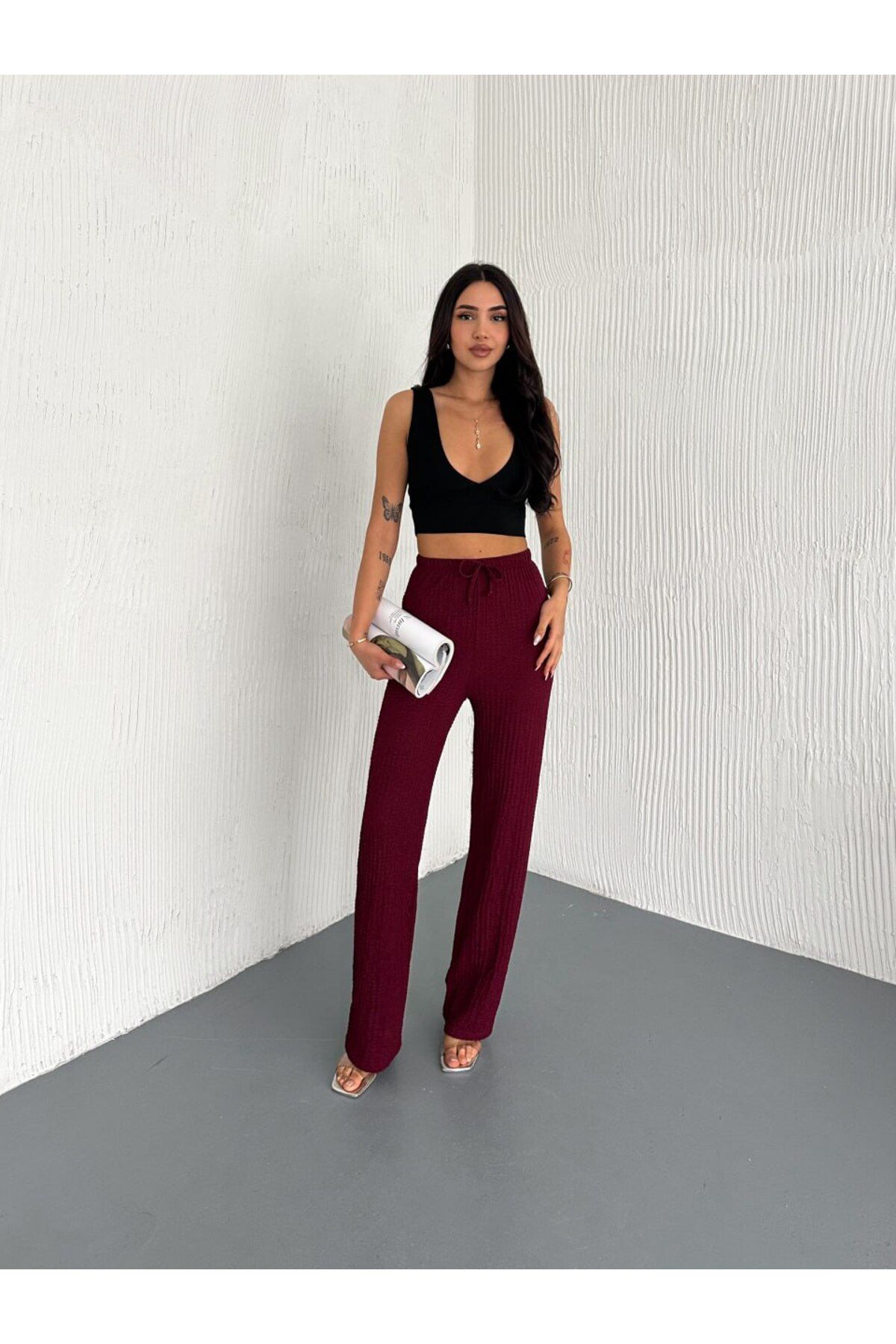 Giyimsel GOFRE BUBBLE LİKRALI BELİ İPLİ LASTİKLİ KADIN PANTOLON