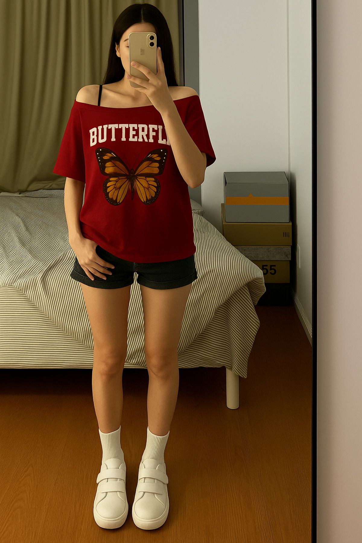 Machetta Kadın Kayık Yaka Butterfly Baskılı Oversize %100 Pamuk T-shirt