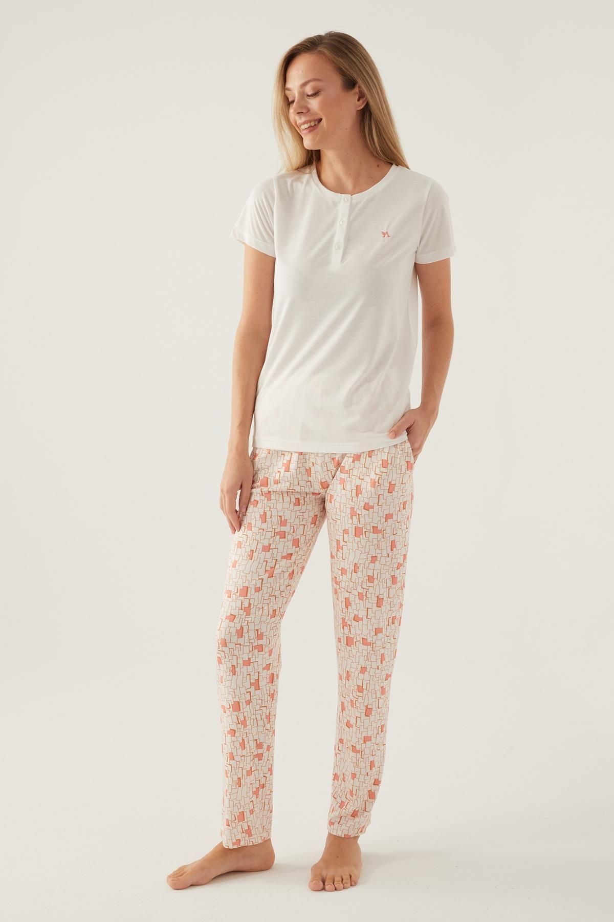 Arnetta Düğmeli Yaka Pamuklu Kadın Pijama Takımı, Büyük Beden Pijama , %100 Pamuklu