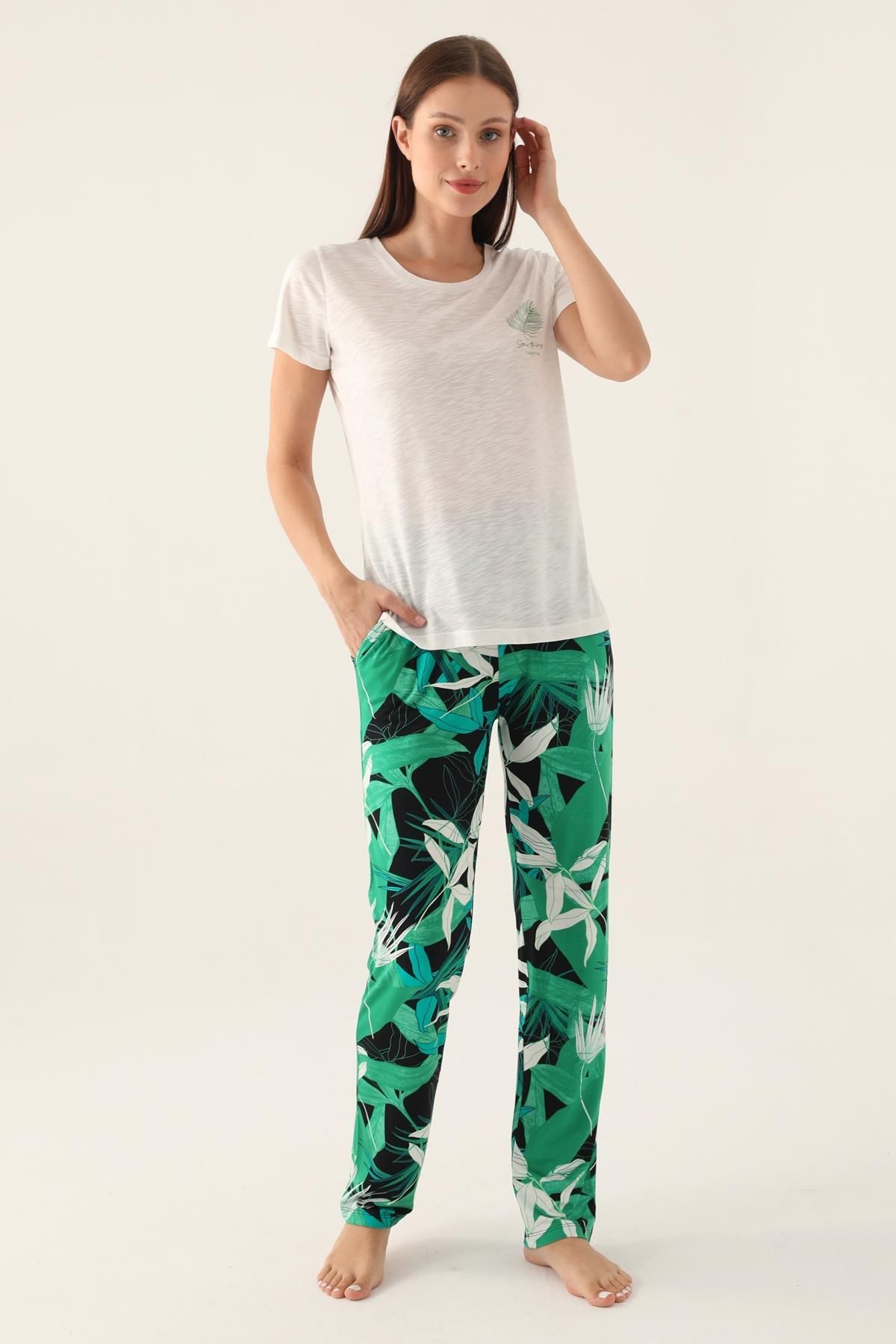 Arnetta Yan Cepli Bisiklet Yaka Kadın Pijama Takımı, %100 pamuklu pijama