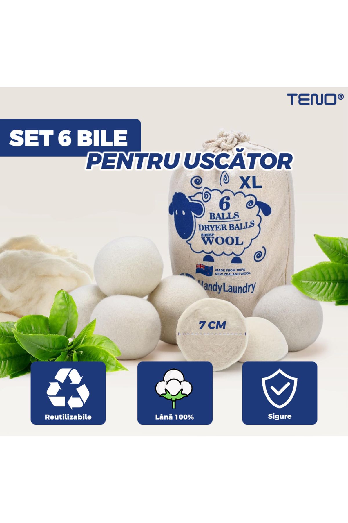 Teno-Set of 6 Teno® Dryer Balls, reusable, anti-static, reduce drying time, white 2