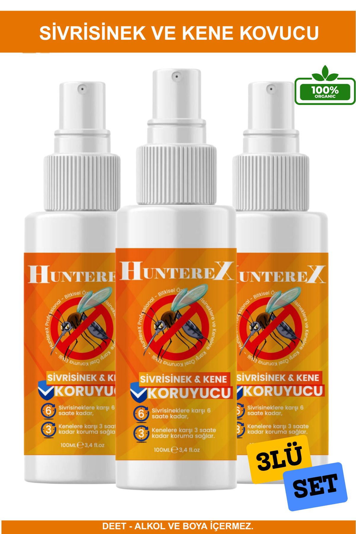 Hunterex 3LÜ SET Doğal Kene ve Sivrisinek Kovucu Sprey 100 Ml - %100 Bitki Özlü Vücut Koruma Spreyi | 0+ Yaş