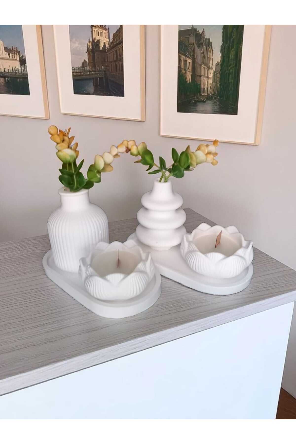 Elioure Şık 2'li Vazo ve Lotus Kokulu Mum Seti, Beyaz, Dekoratif ve Hediye Alternatifi