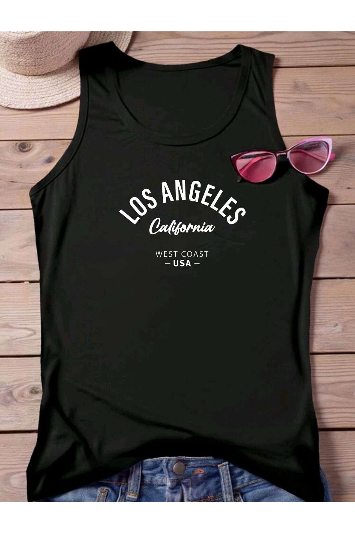 FAVORİST LOS ANGELES WEST COAST Baskılı Omuzu Açık Kadın Pamuklu Kolsuz Yazlık T-shirt Atlet