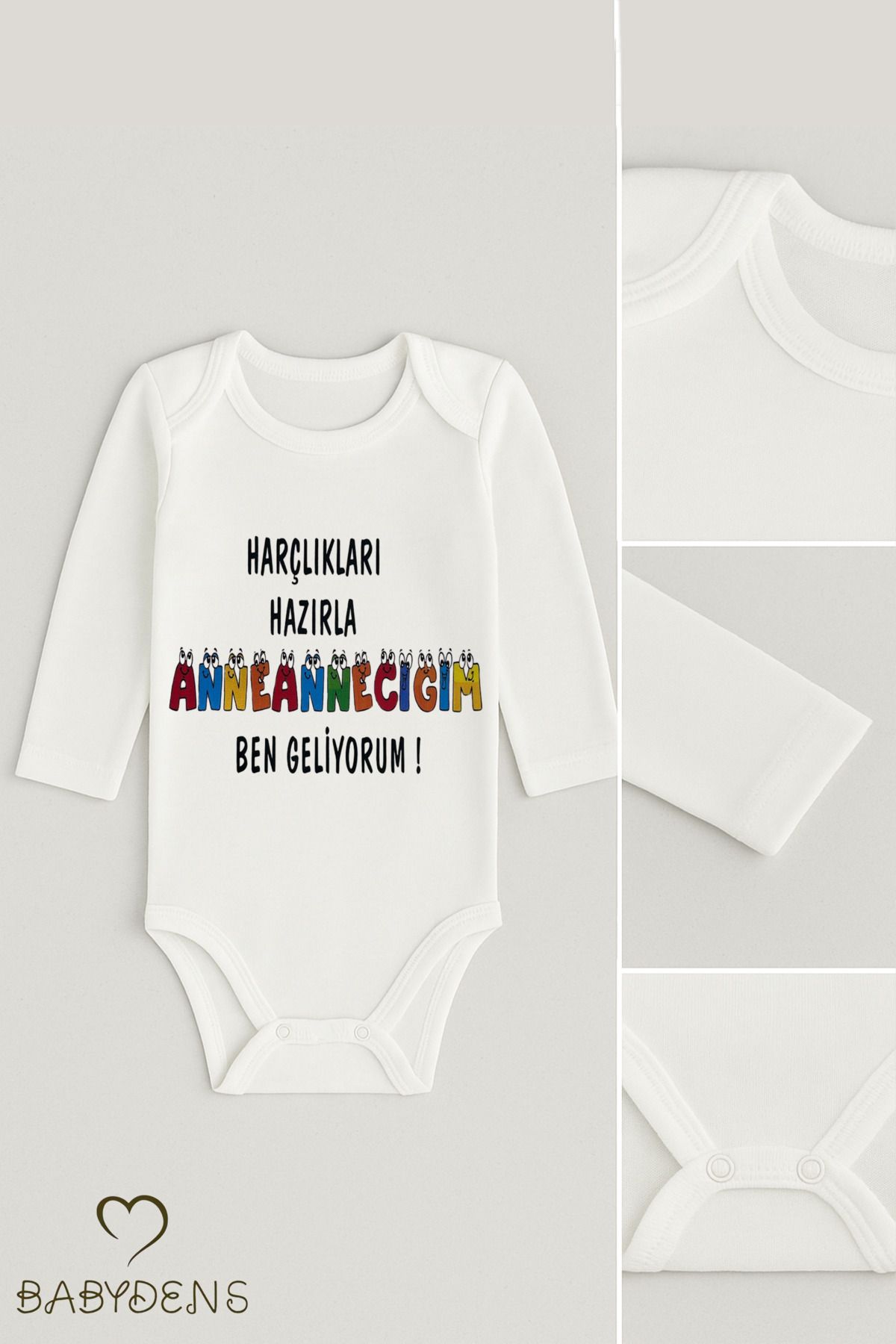 BABYDEN'S “Anneanneciğim Ben Geliyorum” Yazılı,Uzun Kollu Bebek Body %100 Pamuk Çıtçıtlı Zıbın – 0-24 Ay Body