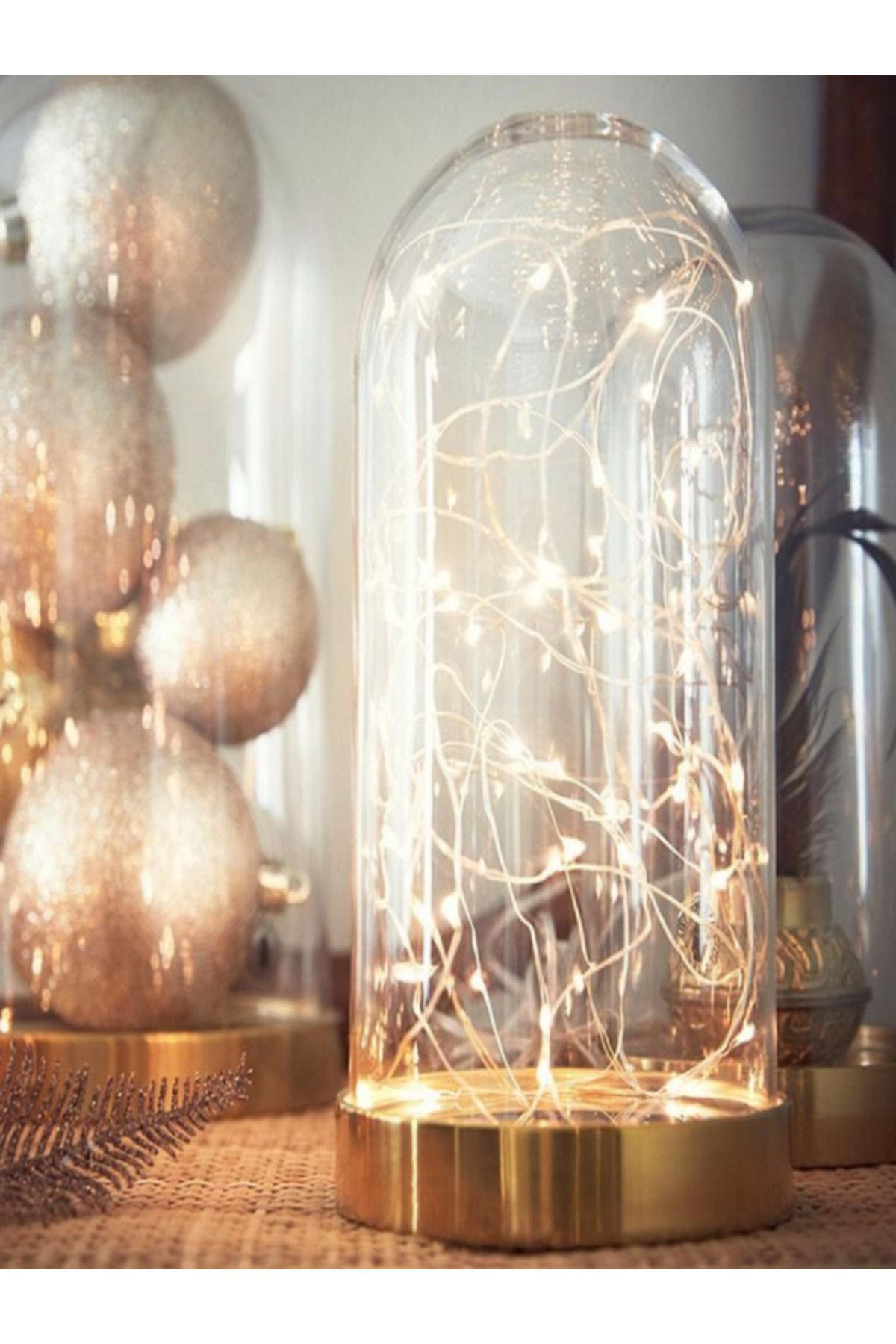 Elioure Led Işıklı Gold Ters Fanus, Peri Tel, Gün Işığı, Dekoratif Organize Süsleme