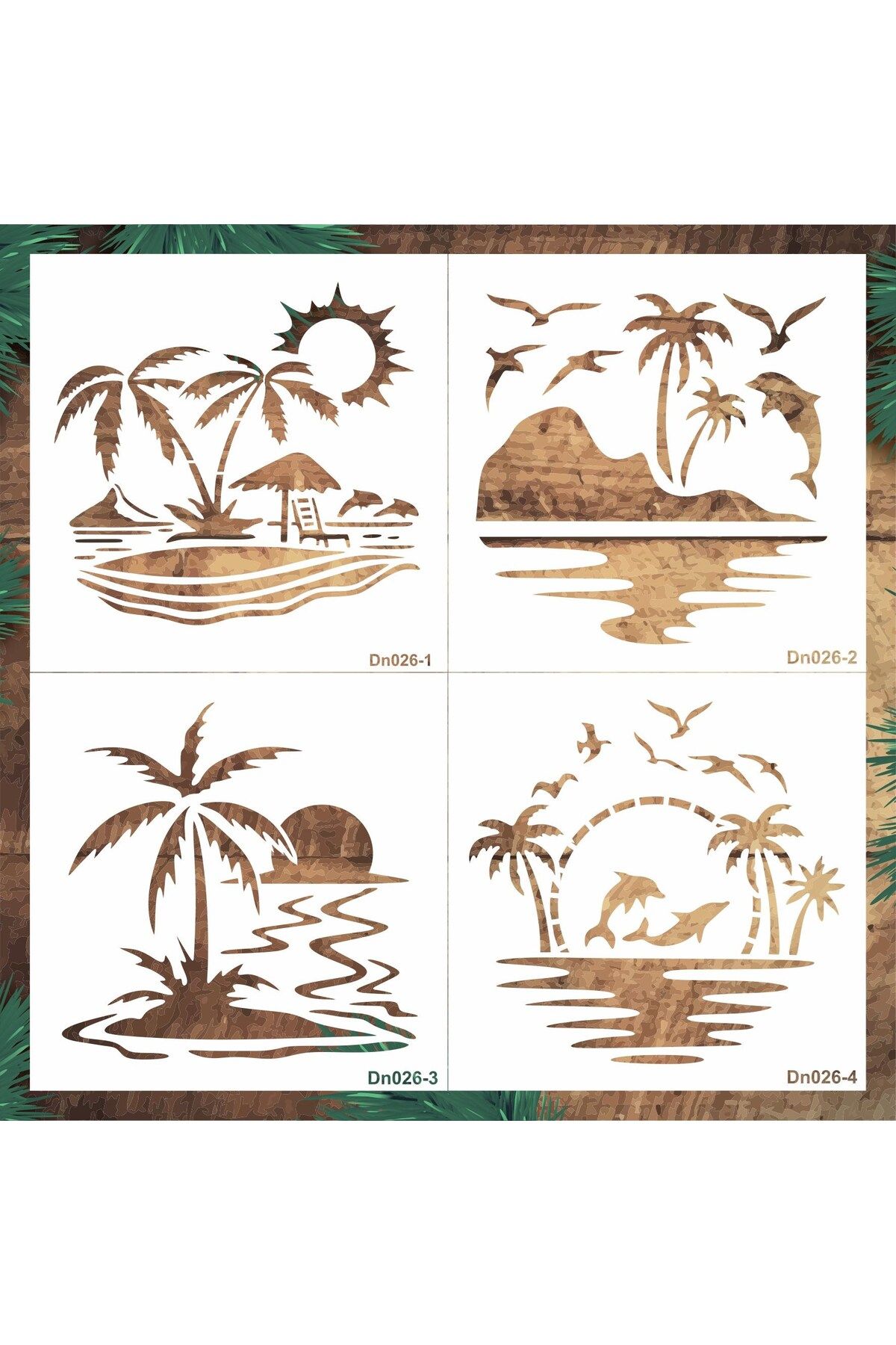 STENCİLTASARIM Stencil Tasarım DN026 Deniz Temalı , 20X20cm , 4 lü stencil seti SET:44 Duvar Ahşap Boyama Desen