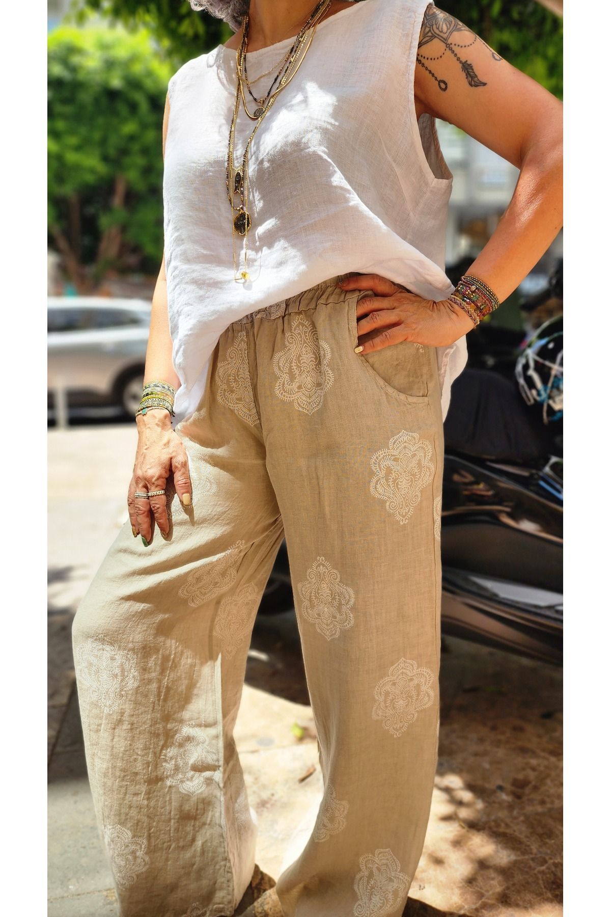 İzmirli Boutique Çini Desen Keten Pantolon