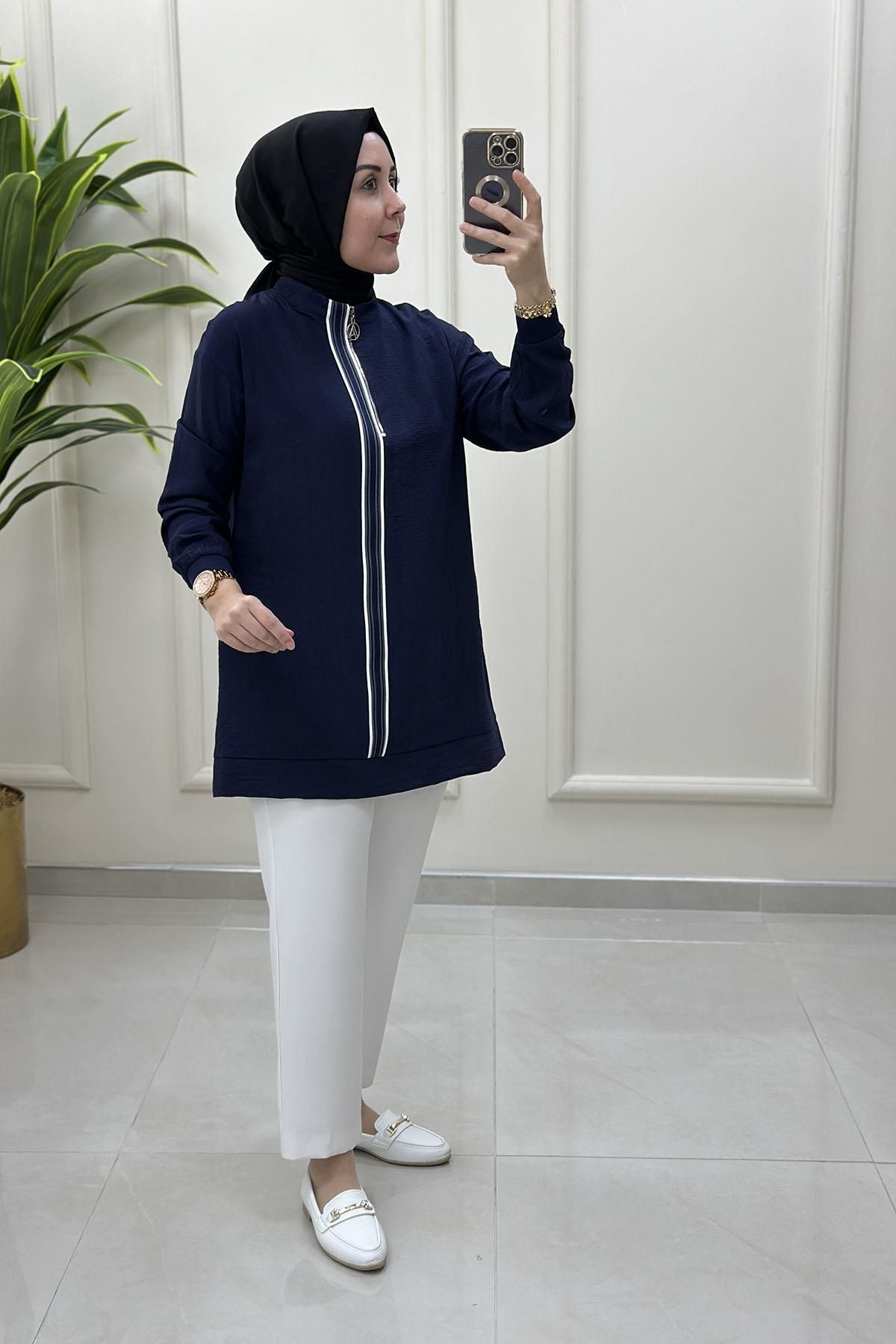 Armine Trend Önü Ribana ve Fermuar Detaylı Kadın Tunik Lacivert ARM 4139