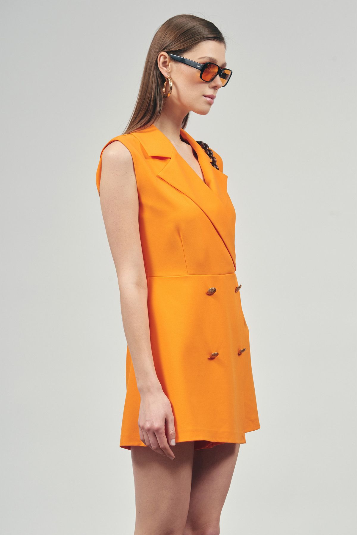 Diagonal Kolsuz Kruvaze Blazer Mini Elbise
