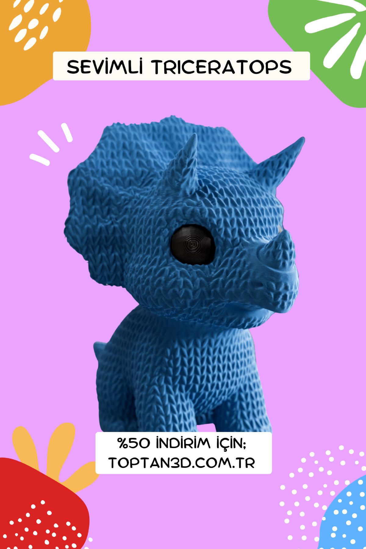 Toptan3D Sevimli Triceratops – 3D Örgü Tasarımlı Oyuncak