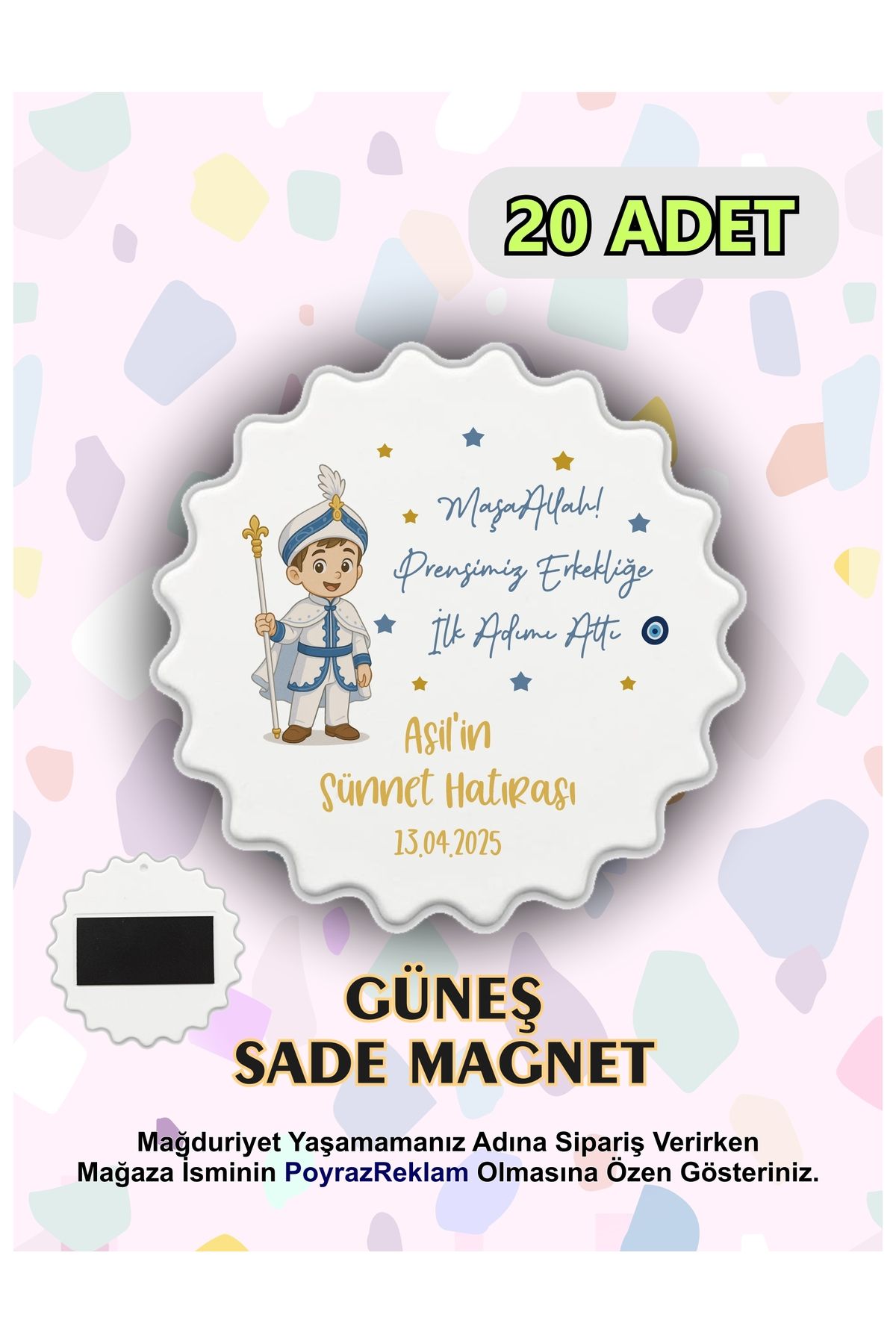 PoyrazReklamTasarım Sünnet Güneş Magnet - Sünnet Hediyelik - Magnet - KİŞİYE ÖZEL - İSİM-NOT-TARİH (20 Adet)