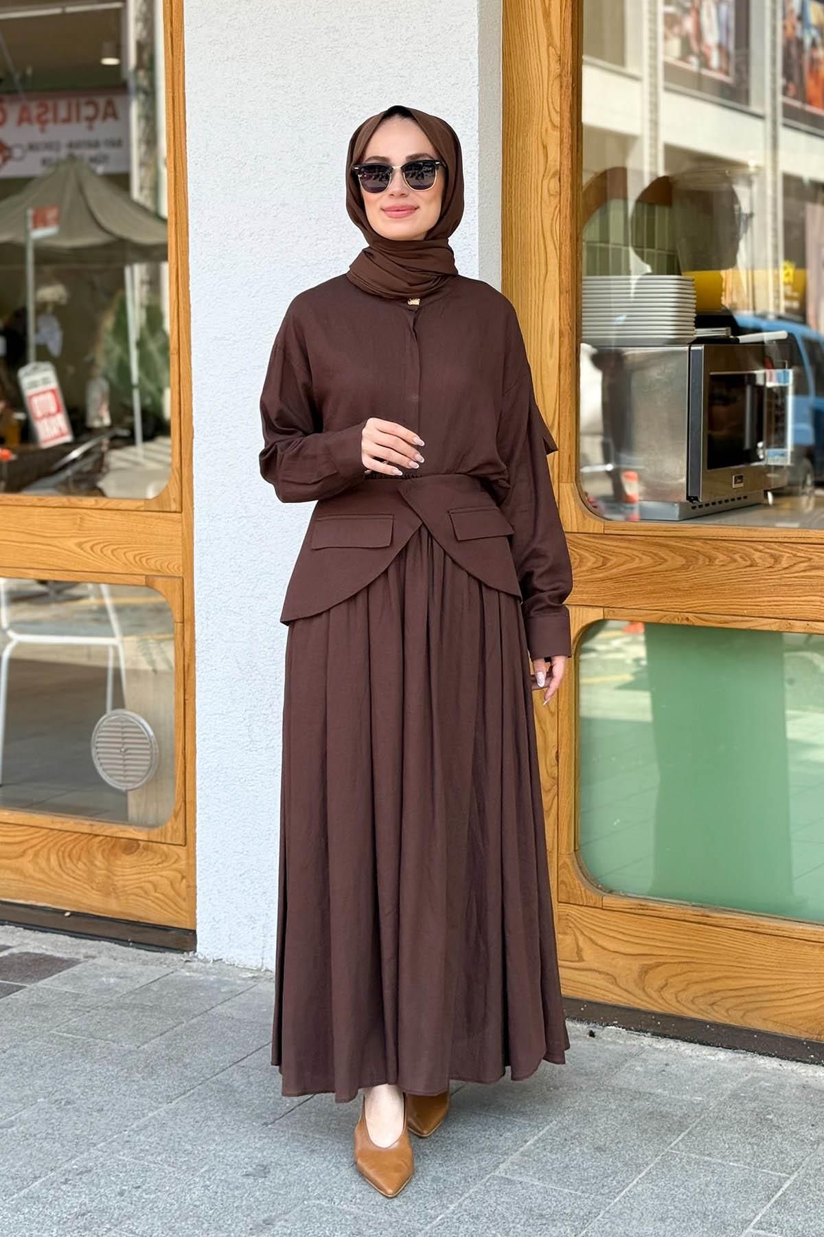 MERVE KAYKISIZ Keten Bel Bolero Etekli Takım Kahve Rengi