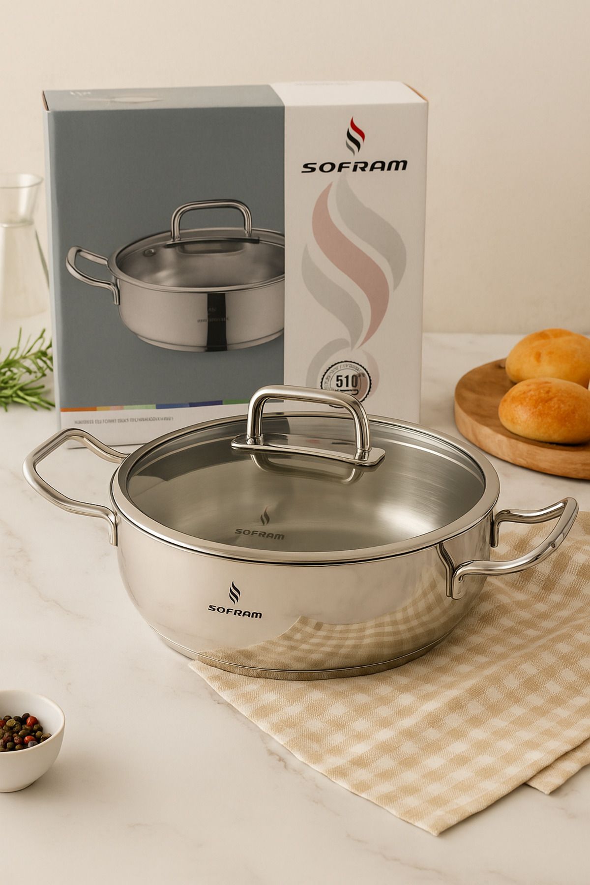Sofram Yeşiltan Atlas Serisi 28 cm Basık Pilav Tenceresi – 5,10 L, 18/10 Paslanmaz Çelik, İndüksiyon Uyumlu