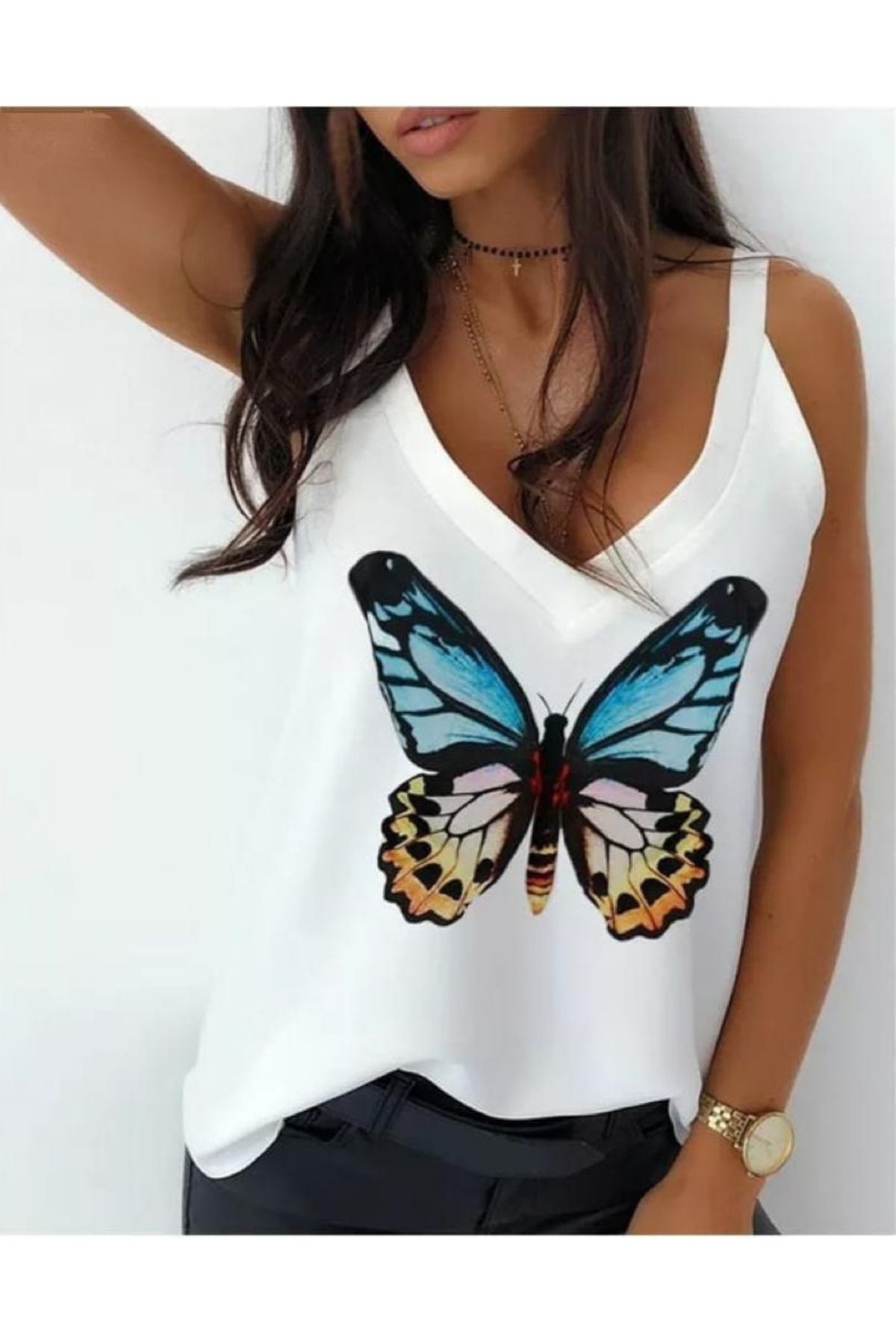 Kokosh moda Kadın Kelebek Baskılı Sandy Kumaş Askılı Bluz